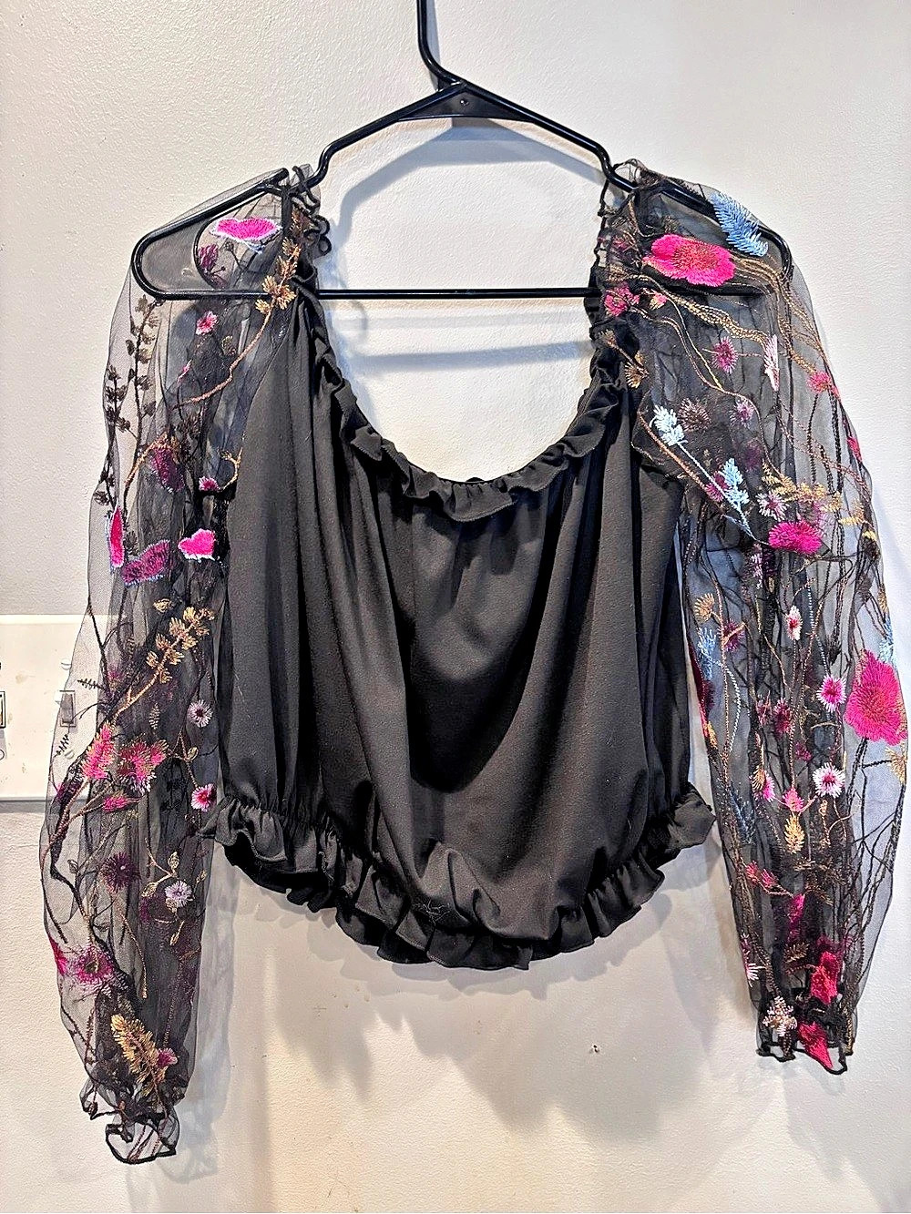 Floral Embroidered Sleeve Blouse in Black & Pink Like New